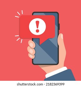 Phone notifications icon in flat style. Smartphone with exclamation point in hand vector illustration on isolated background. Spam message sign business concept.