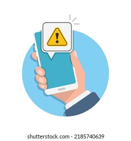 Phone notifications icon in flat style. Smartphone with exclamation point in hand vector illustration on isolated background. Spam message sign business concept.