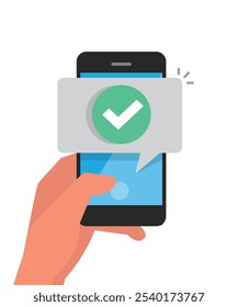 Icono de notificaciones telefónicas en estilo plano. Smartphone con marca de verificación en la Ilustración vectorial de la mano sobre fondo aislado. Aprobado concepto de negocio de signo de mensaje. ilustración de stock