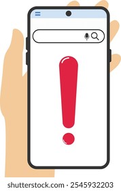 Phone notifications icon in flat style. Smartphone with exclamation point in hand vector illustration on isolated background. Spam message sign business concept.

