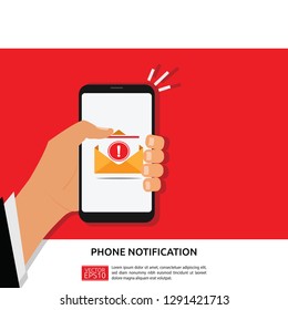 Phone notifications, new message received concepts. Hand holding smartphone with exclamation point icon. Modern flat design graphic elements. Vector illustration