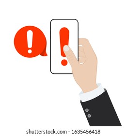 Phone notifications, new message received concepts. Hand holding smartphone with speech bubble and exclamation point icon. Modern flat design graphic elements.