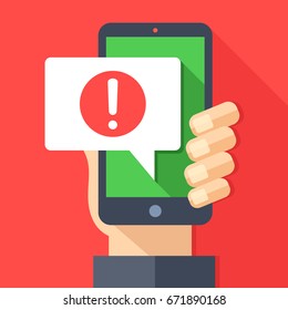 Phone notifications, new message received concepts. Hand holding smartphone with speech bubble and exclamation point icon. Modern flat design graphic elements. Long shadow design. Vector illustration