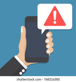 Phone notifications, new message received concepts. Hand holding smartphone with speech bubble and exclamation point icon. Modern flat design graphic elements. Long shadow design. Vector illustration