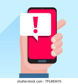 Phone notifications, new message received concepts. Hand holding smartphone with speech bubble and exclamation point icon. Modern flat design graphic elements. Long shadow design. Vector illustration