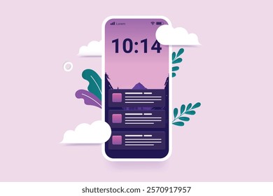 Phone notifications on screen - Mobile smartphone with push notifications or messages showing on display. Front view semi flat design vector illustration