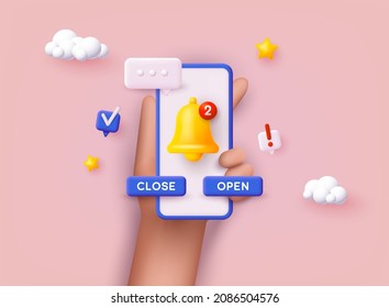 Phone With Notifications. Reminder Design Mockup. Email Marketing, Online Advertising Concept. 3D Web Vector Illustrations.
