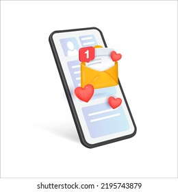 Phone with Notifications. Reminder design mockup. Email marketing, yellow 3d envelope with a heart. 3D Web Vector Illustrations.