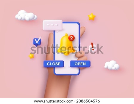 Phone with Notifications. Reminder design mockup. Email marketing, online advertising concept. 3D Web Vector Illustrations.