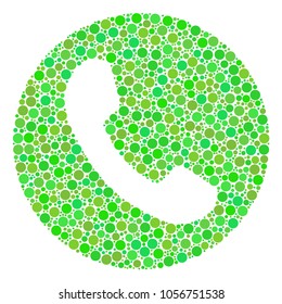 Phone Number collage of filled circles in variable sizes and green color tinges. Vector round dots are combined into phone number collage. Freshness vector illustration.