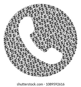Phone number composition of dollar symbols and spheric spots. Vector money pictograms are arranged into phone number composition.