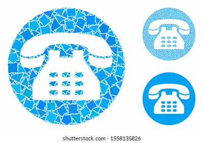Phone number composition of humpy elements in variable sizes and color tints, based on phone number icon. Vector abrupt elements are grouped into collage.