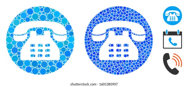 Phone number mosaic of circle elements in different sizes and color tints, based on phone number icon. Vector circle elements are composed into blue composition.