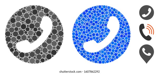 Phone number mosaic of round dots in different sizes and shades, based on phone number icon. Vector round dots are grouped into blue collage. Dotted phone number icon in usual and blue versions.