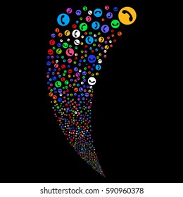 Phone Number random fireworks stream. Vector illustration style is flat bright multicolored iconic symbols on a black background. Object fountain done from scattered symbols.