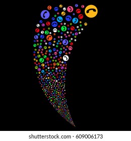 Phone Number random fireworks stream. Vector illustration style is flat bright multicolored iconic symbols on a black background. Object fountain done from scattered design elements.