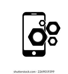 Phone with nut tool icon symbol for app and web