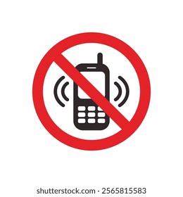 Phone off icon. Sign of mobile ban. Forbidden use cellphone, sound. Stop call symbol in smartphone. Zone of mute telephone. Switch on quiet. Flat vector illustration.