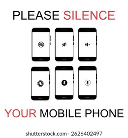 Phone off icon. Sign of mobile ban. Forbidden use cellphone, sound. Stop call symbol in smartphone. Zone of mute telephone. Switch on quiet. Strikethrough device in cinema and danger area. Vector.