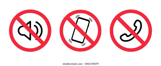 Phone off icon. Off Sound on phone. Silent mode on the smartphone. Forbidden use cellphone, sound. Volume off on mobile. Sign off phone. Vector warning icons