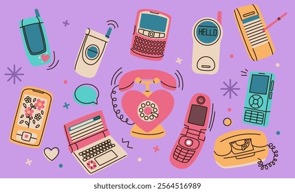 Phone old. Vintage wire telephone. Cable cellphone. Retro device. Call from flat portable mobile. Classic communication. Old-fashioned doodle design. Cellular smartphone. Vector cartoon gadgets set