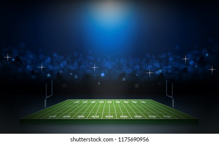 Phone on American football arena field with bright stadium lights design. Vector illumination