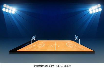 Phone on Basketball arena field with bright stadium lights design. Vector illumination