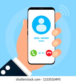 Phone on a blue background. The call is displayed on the phone screen. Choice for pick-up: "raise the handset" or not.