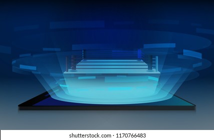 Phone on Boxing ring arena and floodlights vector design. Vector illumination