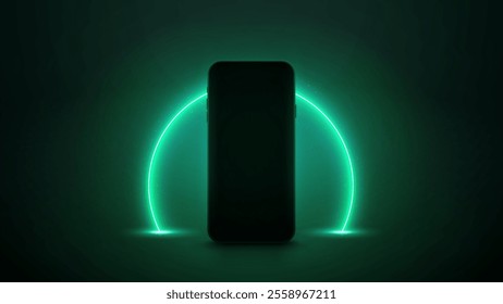 Phone on a bright neon stage. Mobile phone on the background of a bright neon circle frame. Web page for mobile application or presentation your app. Glowing smartphone with an empty display. Vector