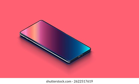 Phone on desk. Modern vector realistic phone on bright coral background in perspective view. Realistic vector illustration isometric phone. New shiny mobile cell smartphone with reflection on screen.