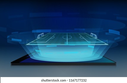 Phone on Football arena field with bright stadium lights vector design and information scoreboard. Vector illumination