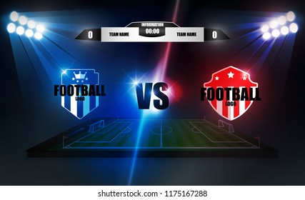 Phone on Football arena field with bright stadium lights vector design and information scoreboard. Vector illumination