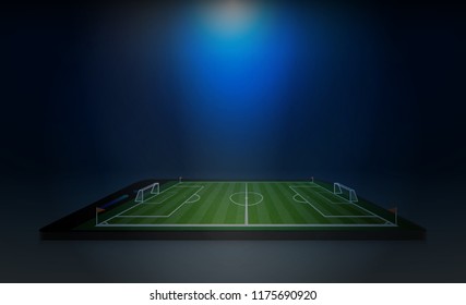 Phone on Football arena field with bright stadium lights vector design and information scoreboard. Vector illumination