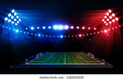 Phone on Football arena field with bright stadium lights vector design and information scoreboard. Vector illumination