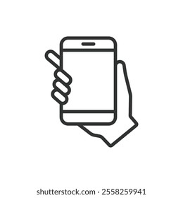 Phone on a hand, icon in line design. Phone, hand, hold, mobile, touch, smartphone, gesture on white background vector. Phone on a hand editable stroke icon