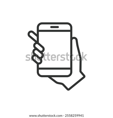 Phone on a hand, icon in line design. Phone, hand, hold, mobile, touch, smartphone, gesture on white background vector. Phone on a hand editable stroke icon