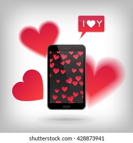 Phone on with heart pattern and with cut hearts flying around. Valentine's Day and Love concept, realistic illustration.  Heart and phone vector, heart and phone concept, heart and phone illustration