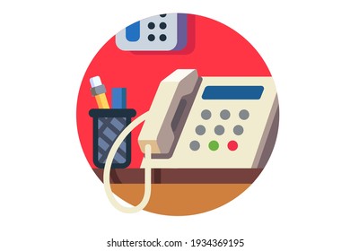 Phone with on office desk with pens, flat vector illustration isolated on white background.