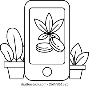 Un teléfono está en una mesa con una planta y algunas monedas. El teléfono es blanco y negro