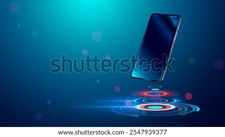Phone on tech circle stage. Phone mockup on futuristic podium. Phone in air over podium for presentation. Smartphone or gadget mockup advertising on future digital platform. HUD stage design.