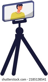 Phone on tripod. People broadcasting, stream on smartphone. Live streaming. Video blog recording, male blogger using mobile and tripod stand. Illustration of making videos for social media publishing