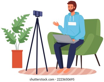 Phone on tripod. People broadcasting, stream on smartphone. Live streaming. Video blog recording, male blogger using mobile and tripod stand. Illustration of making videos for social media publishing