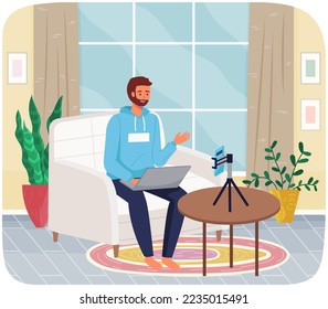 Phone on tripod. People broadcasting, stream on smartphone. Live streaming. Video blog recording, male blogger using mobile and tripod stand. Illustration of making videos for social media publishing