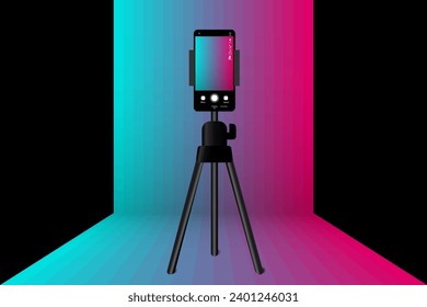 Phone on tripod. People broadcasting, stream on smartphone. Live streaming. Video blog recording. Create video - make money. Illustration of making videos for social media. EPS10