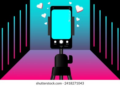 Phone on tripod. People broadcasting, stream on smartphone. Live streaming. Video blog recording. Create video - make money. Illustration of making videos for social media. EPS10