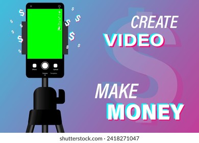 Phone on tripod. People broadcasting, stream on smartphone. Live streaming. Video blog recording. Create video - make money. Illustration of making videos for social media. EPS10