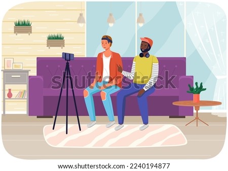 Phone on tripod. People broadcasting, stream on smartphone. Live streaming. Video blog recording, male blogger using mobile and tripod stand. Illustration of making videos for social media publishing