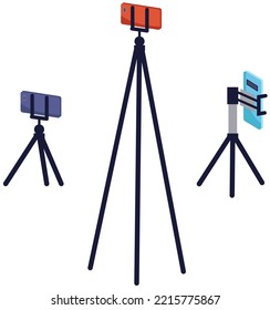 Phone on tripod set. People broadcasting, stream on smartphone. Live streaming. Video blog recording, blogger using mobile and tripod stand. Illustration of making videos for social media publishing