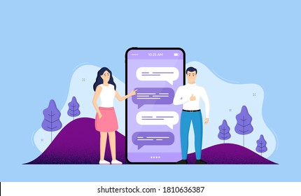 Phone online chatting background. Date app smartphone screen. Mobile phone with characters of people. Cellphone chat speech bubbles. Smartphone online chat. Flat landscape with trees. Vector